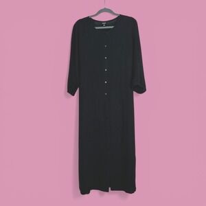 Eileen Fisher Black Linen Blend Button Front Midi Dress D128 Womens Large L